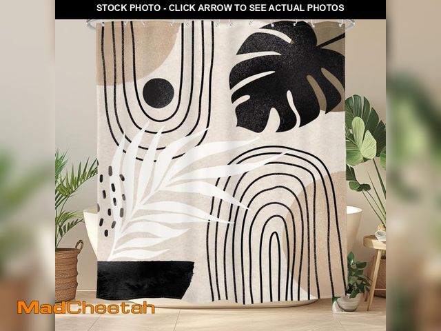 Lot 74-11550508 - Glawry Boho Black Brown Beige Shower Curtain Extra Long Modern Mid Century Abstract Tropical Leaf Ba...