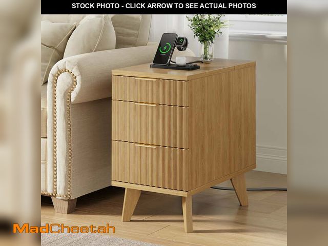 Lot 74-14352441 - Biemlerfn 3 Drawer Side Table with Charging Station, Narrow End Table with Open Storage, Wooden Nigh...