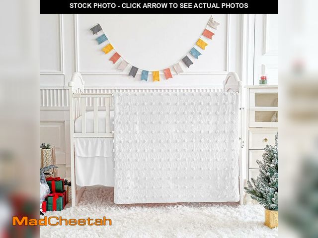 Lot 74-12333578 - White Crib Bedding Set Tufted Dots Jacquard Baby Comforter with Fitted Sheet and Bed Skirt - Cute Em...