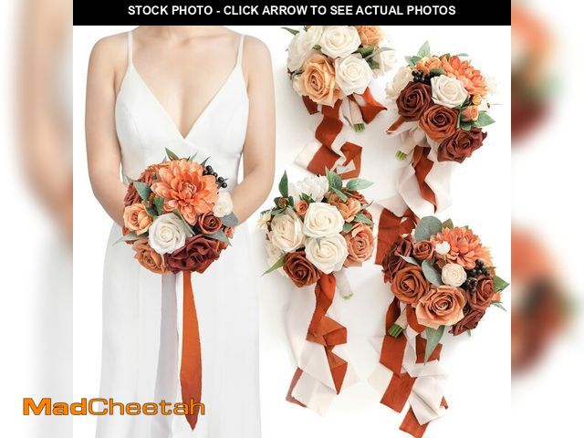 Lot 74-12714189 - Ling's Moment Terracotta Artificial Flowers Bridesmaid Bouquet Set of 4, Burnt Orange Wedding Flower...