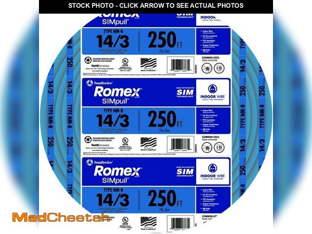 Lot 74-14276494 - Romex 14/3nm-wgx250 Building Wire, 14 Awg Wire, 3-conductor, 250 Ft L, Copper Conductor, Pvc Insulat...