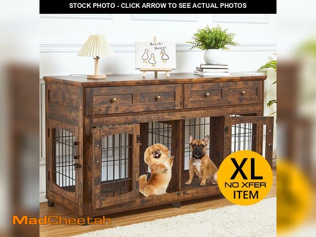 Lot 74-12660843 - Dog Crate Furniture with 5 Doors, 58" Wooden Dog Kennel End Table with Large Capacity Drawers, Dog H...