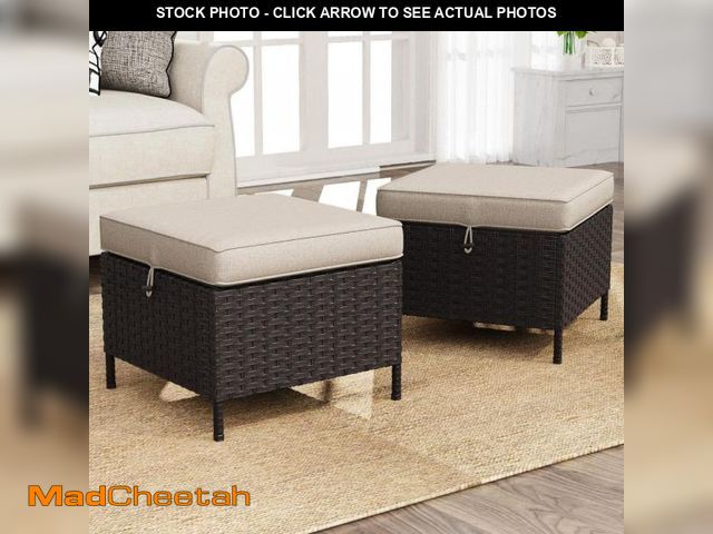 Lot 74-12492766 - Gardenbee 2-Piece Wicker Outdoor Patio Ottoman with Soft Zippered Beige Cushions - UNUSED