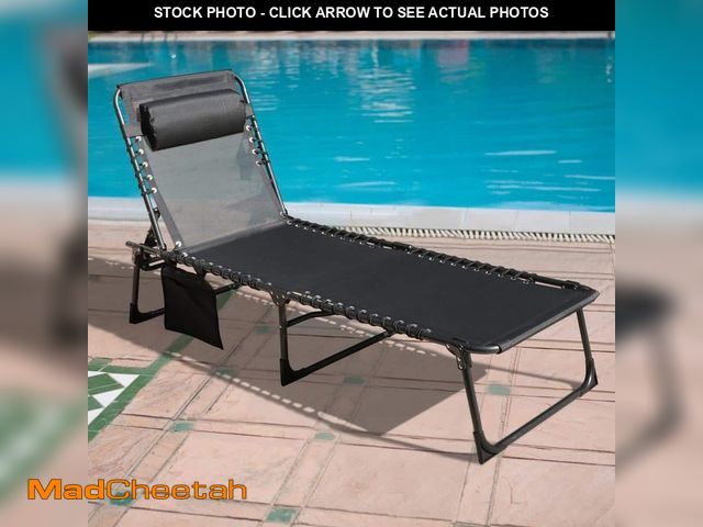 Lot 74-14313062 - VEIKOUS Outdoor Folding Chaise Lounge Chair Fully Flat for Beach with Pillow and Side Pocket, Black ...