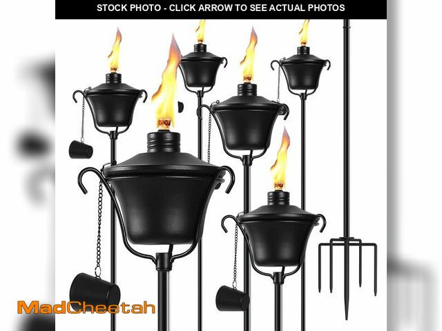 Lot 74-14337419 - MQKIWAO 6 Pack Outdoor Garden Torch, 15 oz Outdoor Citronella Torches, 58 Inch 5-Prong Grounded Stak...