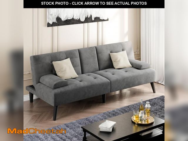 Lot 74-12386429 - Shintenchi Futon Sofa Bed, Velvet Foldable Couch Reclining Sleeper w/Removable Armrests, Upholstered...