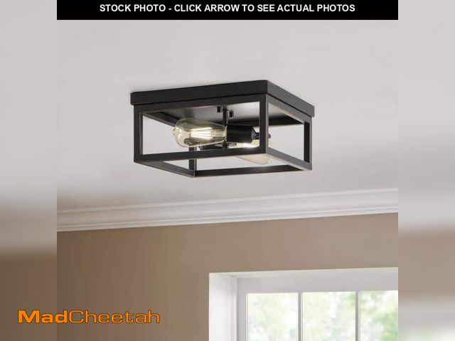 Lot 74-12410245 - Hampton Bay Boswell Quarter 12-1/2 in. 2-Light Black Industrial Open Cage Flush Mount Ceiling Light ...