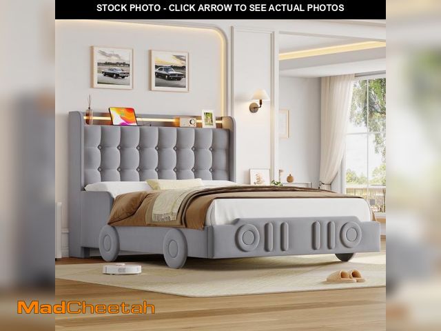Lot 74-12272194 - Homfa Queen Size Upholstered Bed Frame with LED Strip Light and USB Ports, Car-Shaped Velvet Tufted ...