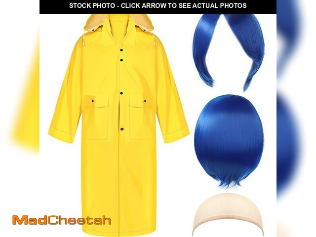 Lot 74-12707597 - Xinnun 3 Pieces Halloween Yellow PVC Raincoat with Detachable Hood Blue Short Straight Wig Elastic H...