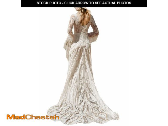 Lot 74-14331373 - Ayervici Plus Size Simple Beach Wedding Dresses 2026 A Line Fitted Bodice Long Bell Sleeves V Neckli...