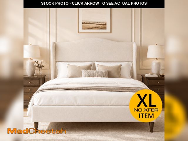 Lot 74-14438185 - Neche Queen Upholstered Platform Bed Frame - 51" Tall Curved Wingback, Soft Fabric, Retro Sleigh Sty...