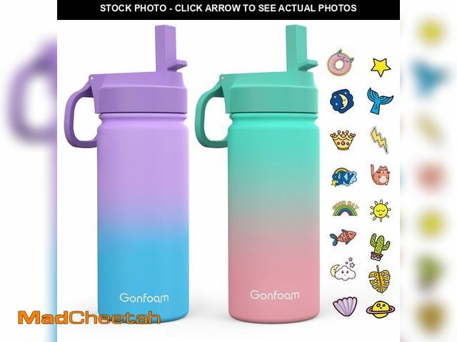 Lot 74-12974080 - Kids Water Bottle, 2-Pack 16oz Water Bottles with Stickers and Straw, Stainless Steel Vacuum Insulat...