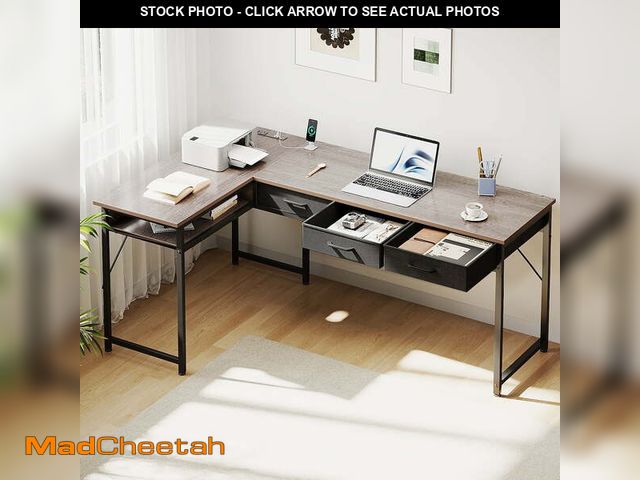 Lot 74-12667782 - 55 inch L Shaped Computer Desk with Drawers, Corner Desk with Power Outlets &amp; Reversible Storage...