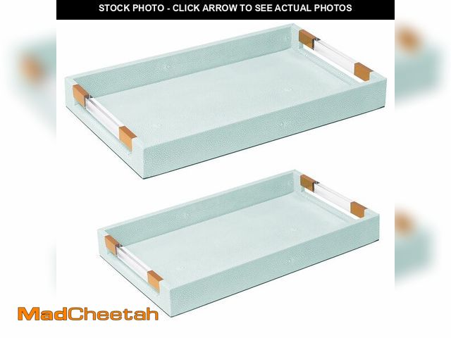 Lot 74-14143377 - 2 Pack Large Ottoman Tray Shagreen Decorative Tray Serving Tray with Acrylic Gold Handles, Ice Blue ...