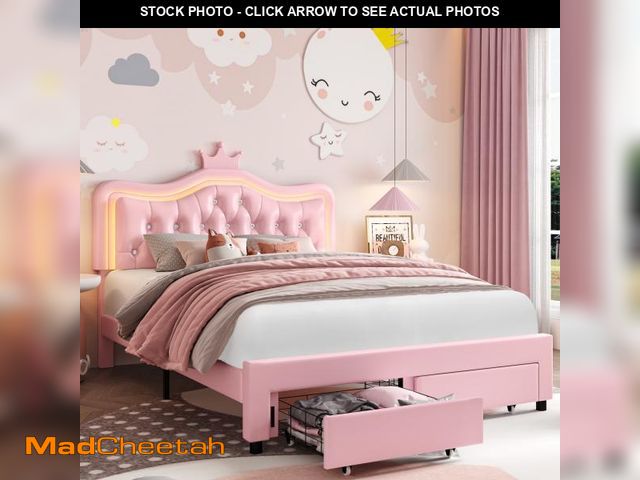 Lot 74-12514805 - Homfa Queen Size LED Upholstered Bed with Adjustable Crystal Button Tufted Crown Headboard, Soft PU ...