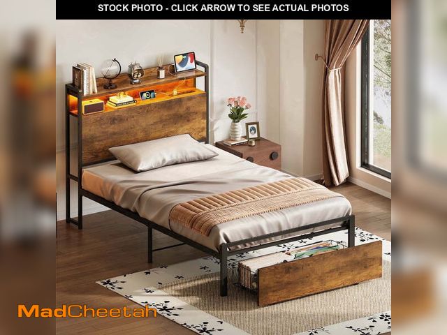 Lot 74-14604534 - Casacomoda Twin Size Bed Frame with Storage Headboard, Metal Platform Bed Frame with Storage Drawer,...