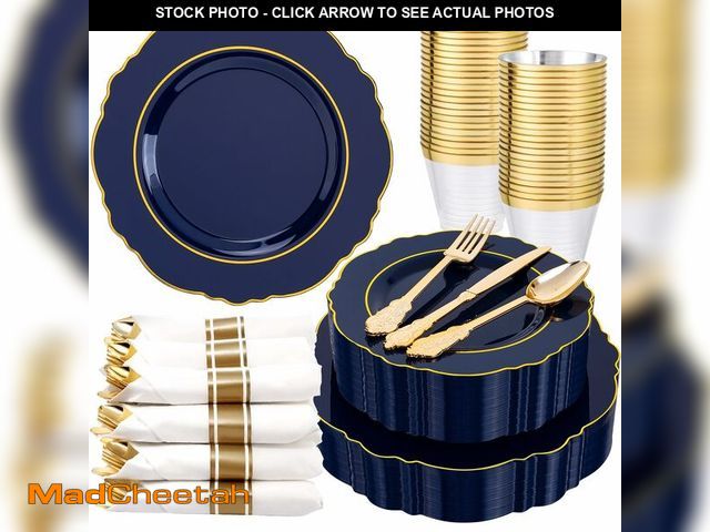 Lot 74-12604819 - Liacere 350PCS Navy Blue Plastic Plates-Disposable Blue Gold Plates 50guest Plastic Dinnerware inclu...