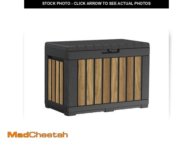 Lot 74-14356015 - Keter Oakridge 50 Gal. Weather Resisitant Plastic Resin Deck Box in Oak Wood Look Brown - UNUSED