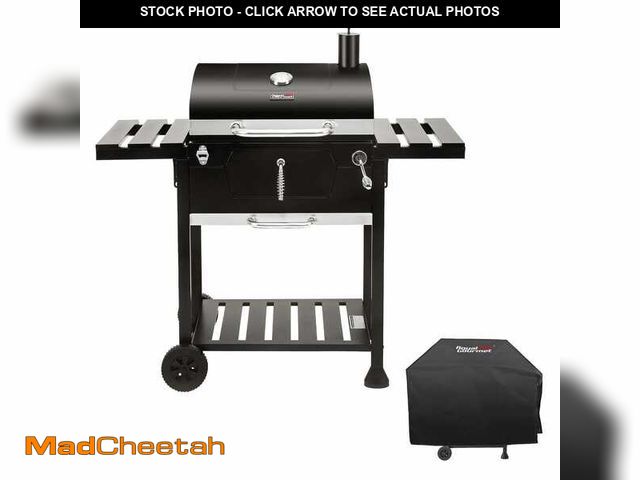 Lot 74-13269511 - Royal Gourmet Charcoal Grill with 2 Side Table in Black Plus a Cover - UNUSED
