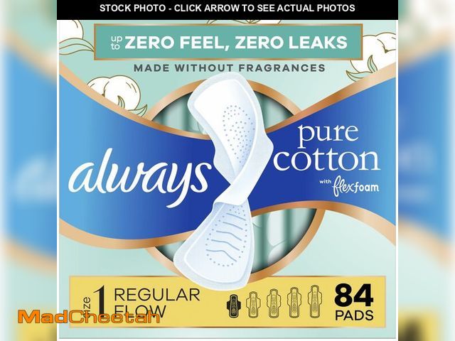 Lot 74-13711942 - Always Pure Cotton Feminine Pads for Women, FlexFoam Pads with Wings, Size 1, Regular Absorbency, Un...