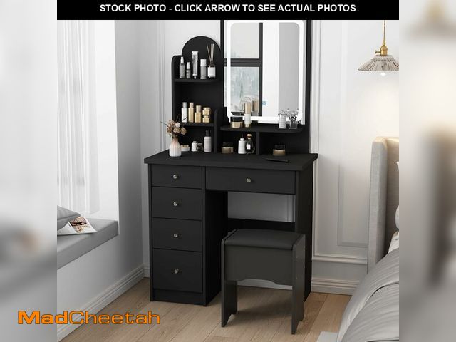Lot 74-14610434 - (MISSING MIRROR,KNOBS) ROMSHINE Vanity with Chair, Dressing Table with Lighted Rectangular Mirror, 5...