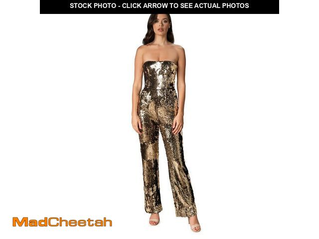 Lot 74-13624084 - Dress the Population Women's Andy Strapless Sequin Wide Leg Jumpsuit, Gold, Medium - USED