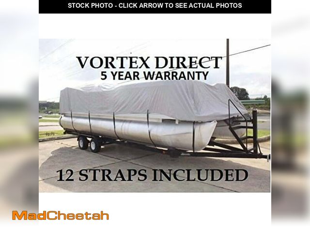 Lot 74-14218621 - NEW GREY 20 FT VORTEX ULTRA 5 YEAR CANVAS PONTOON/DECK BOAT COVER, ELASTIC, STRAP SYSTEM, FITS 18'1"...
