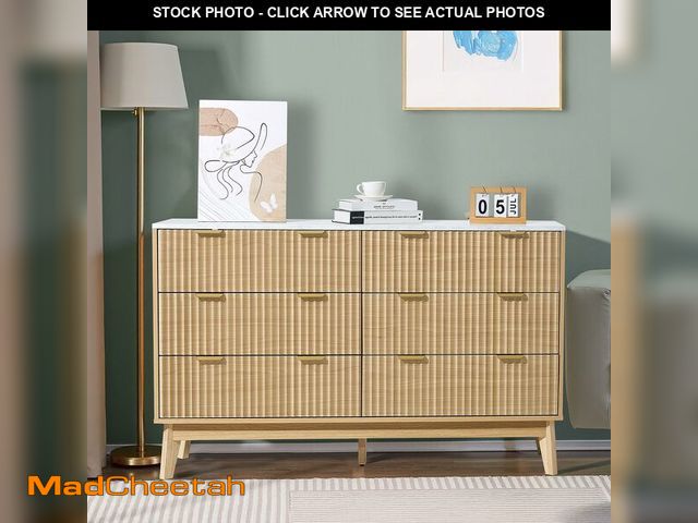 Lot 74-12657841 - VEVOR Fluted 6 Drawer Dresser, 54" Wide Chest of Drawers with Faux Marble Top, Modern Dresser TV Sta...