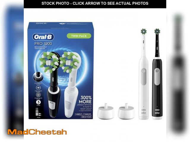 Lot 74-12119131 - Oral-B Pro 1000 CrossAction Electric Toothbrush, Black and White, 2 Count - UNUSED