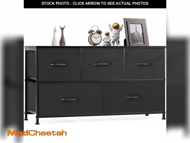 Lot 74-14068309 - OLIXIS Dresser for Bedroom, 5 Storage Fabric Drawers, Metal Frame and Wooden Top, Tall Storage Drawe...