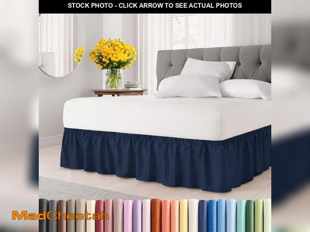 Lot 74-11559075 - Wrap Around Dust Ruffle Bed Skirt - Navy Blue - for Full Size Beds with 12 Inch Drop - Elastic Strap...