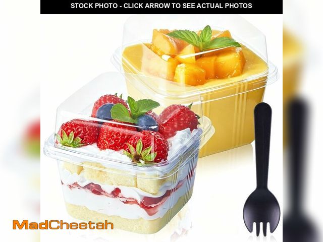 Lot 74-14153837 - TOFLEN 100Ct 8 oz Square Plastic Dessert Cups with Lids and Sporks, Clear Plastic Yogurt Parfait Cup...