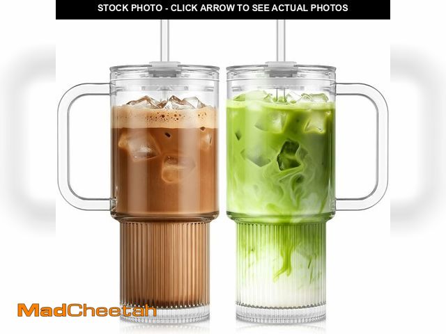 Lot 74-14149246 - KEMORELA 26oz Ribbed Glass Tumbler with Handle &amp; Lid-2-Pack iced coffee cups with lids reusable,...