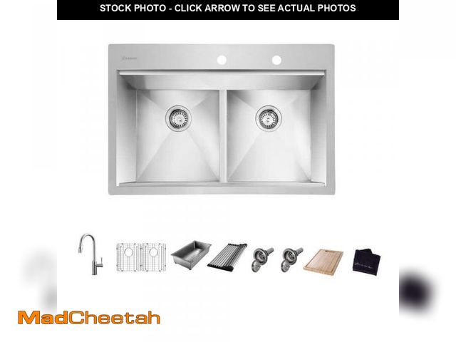 Lot 74-12162997 - Glacier Bay Zero Radius 33 in. Drop-In 50/50 Double Bowl 18 Gauge Stainless Steel Workstation Kitche...