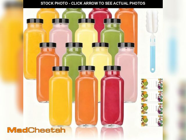 Lot 74-13039608 - (SET OF 4) 15 Pack 8 oz Glass Juice Bottles with Black Lids &amp; Labels, Reusable Travel Juice Stor...