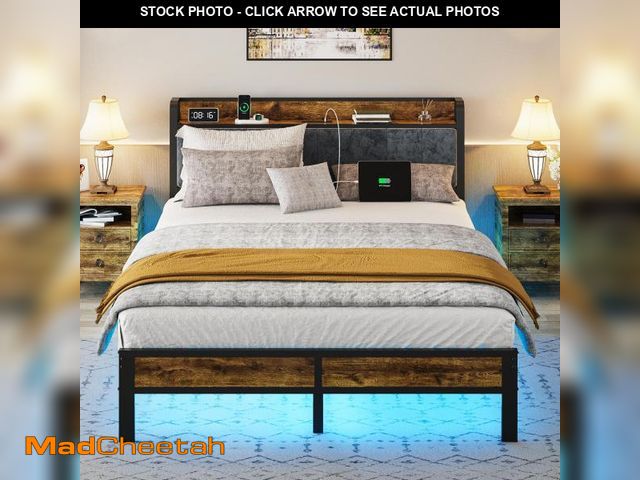 Lot 74-12266099 - Liians Queen Bed Frame with Headboard, Metal Platform Bed with Smart LED Lights and USB Charging Sta...