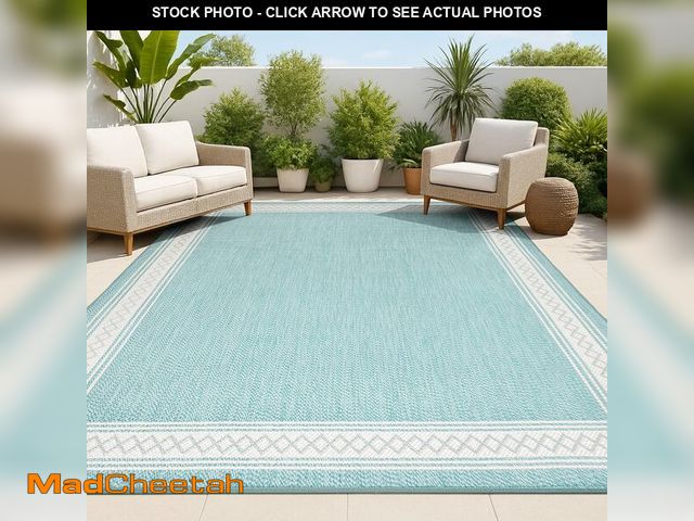 Lot 74-12664408 - JONATHAN Y Diamond Border Indoor Outdoor Area Rug 4X6 Aqua/Light Gray, Lucia Classic for Backyard, P...