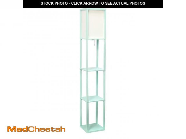 Lot 74-12312876 - Simple Designs LF1014-WHT Etagere Organizer Storage Shelf Linen Shade Floor Lamp, White - UNUSED