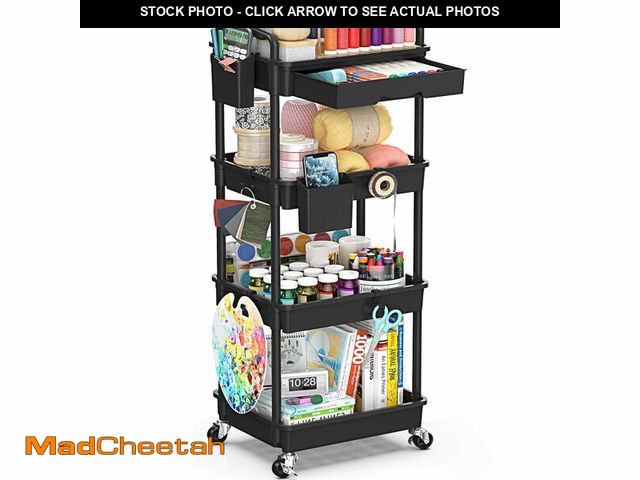 Lot 74-12607863 - SUNALLY 4 Tier Rolling Utility Cart with Drawer, Storage Organizer Cart with 2 Lockable Wheels, Mult...