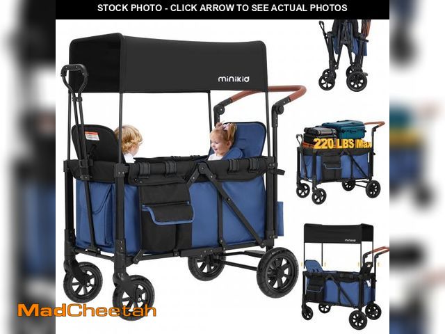 Lot 74-12378022 - Minikid 2-in-1 Wagon Stroller with Adjustable Canopy, Rain Cover, Mosquito Net, Blue - UNUSED