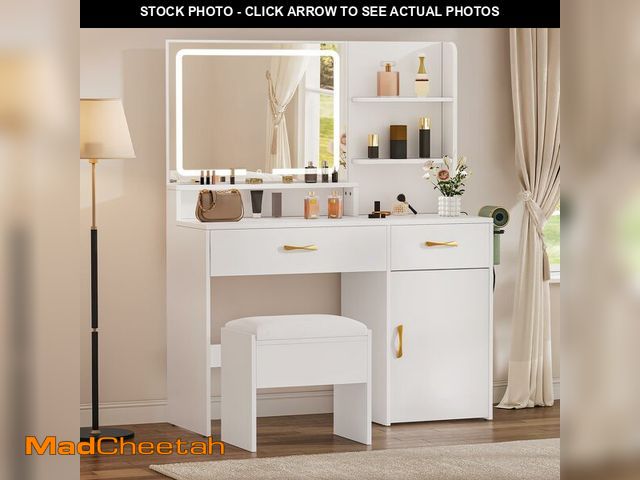 Lot 74-12569194 - YITAHOME Vanity Desk with LED Lighted Mirror, Makeup Vanity Set with Power Strip, Drawers, Cabinet, ...