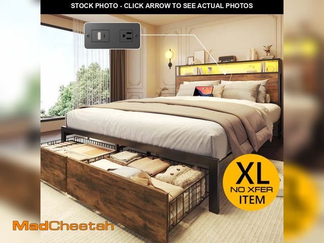 Lot 74-13773983 - Fluest Queen Bed Frame with 2-Tier Storage Headboard, Metal Bed Frame with Storage Drawers &amp; Bui...