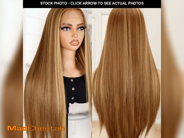 Lot 74-12702687 - Lace Front Wig Honey Blonde Synthetic Pre-Plucked Highlight Glueless Wigs 30 Inch Straight Hair Wig ...