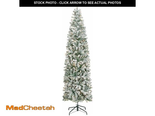 Lot 74-13041578 - National Tree Company 7.5 ft Pre-Lit Flocked Acacia Slim Artificial Christmas Tree, 350 Clear Lights...