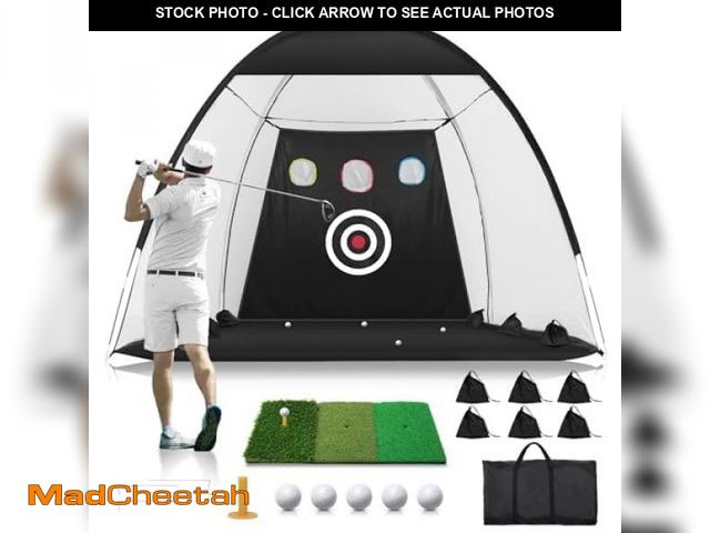Lot 74-12049473 - Golf Net: 10x7FT Practice for Backyard Driving, Hitting with Tri-Turf Golf Mat, Indoor Training Chip...