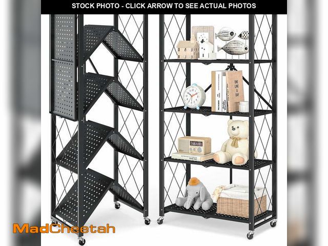 Lot 74-12679375 - Furnibear 5-Tier Folding Storage Shelves with Wheels, Foldable Metal Rack, Collapsible Shelves for G...
