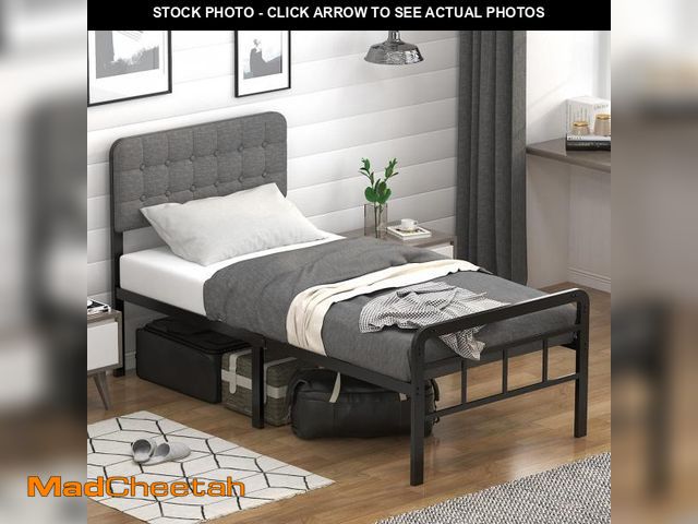 Lot 74-12540875 - EMODA 16 Inch Twin Size Bed Frames with Upholstered Headboard and Metal Footboard, Heavy Duty Metal ...