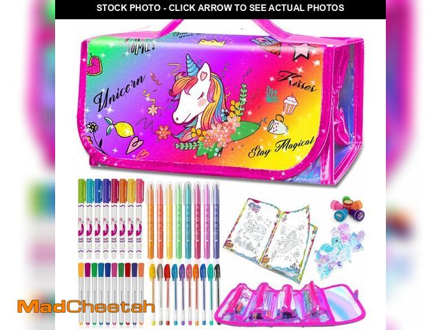 Lot 74-13631775 - weirtoya 56 PCS Washable Scented Markers with Glitter Pencil Case, Mermaid Unicorn Arts and Crafts f...