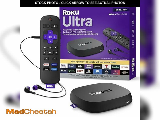 Lot 74-10825970 - Roku Ultra | The Ultimate Streaming Device 4K/HDR/Dolby Vision/Atmos, Rechargeable Roku Voice Remote...