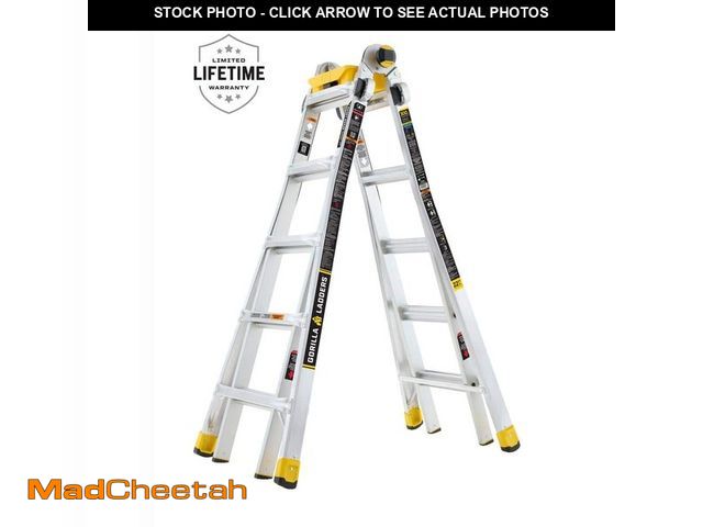 Lot 74-12673171 - Gorilla Ladders 22 ft. Reach Aluminum Multi-Position Ladder w/ Project Bucket, Tool Hangers, 300 lbs...